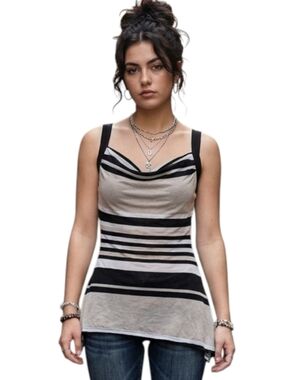 Vintage Just Me Tank Top Y2K Asymmetric Womens Medium Coastal Layers Beige Black